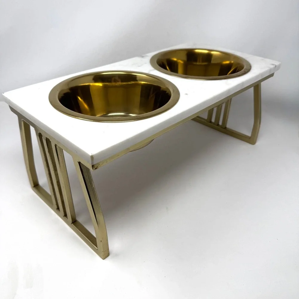 Modern Elevated Pet Feeder White Marble Gold Brass Colored Metal Base Bowls